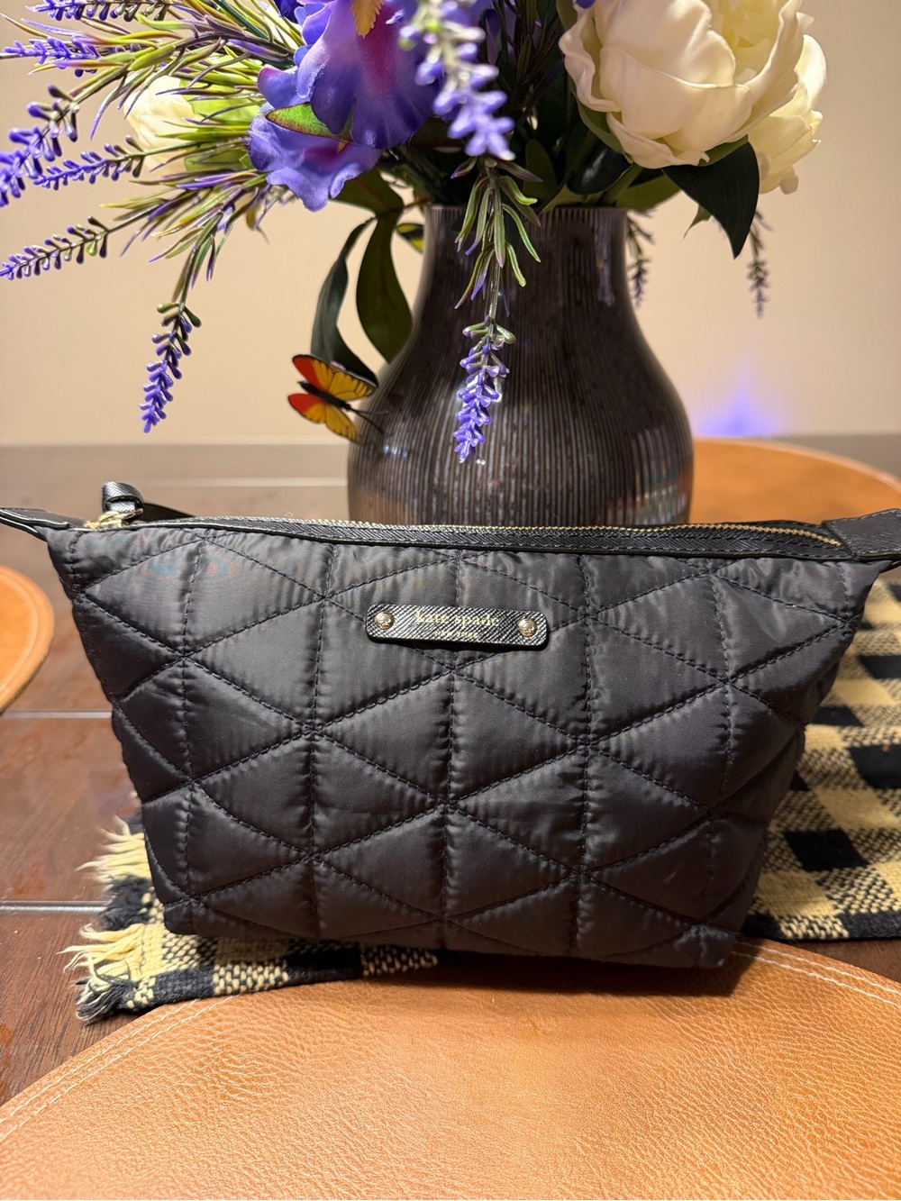 Kate Spade Quilted Black Cosmetic Pouch - Compact Travel Makeup Bag